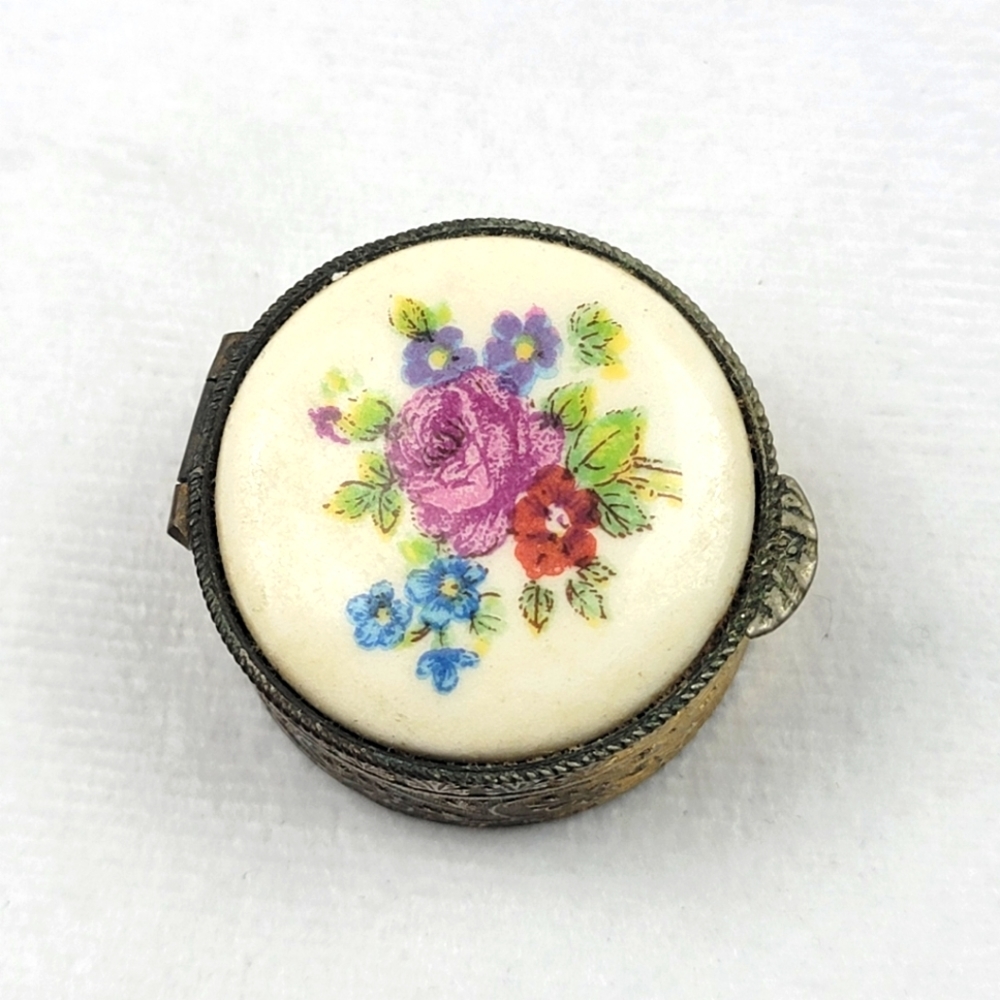 Vintage Floral Round Trinket Box in Ivory with Purple, Blue, Red & Green